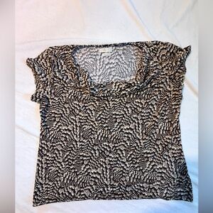 Van Heusen Black, White, and Tan Feather Patterned Blouse cowl neck line.